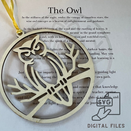 The Digital Owl Ornament and Inspirational Card Template by Wet Nose Woodworks features a wood owl with yellow ribbon on a poem titled The Owl—an ideal inspirational gift for teachers or mentors. Includes SVG/PDF laser cut files, xTool compatible.