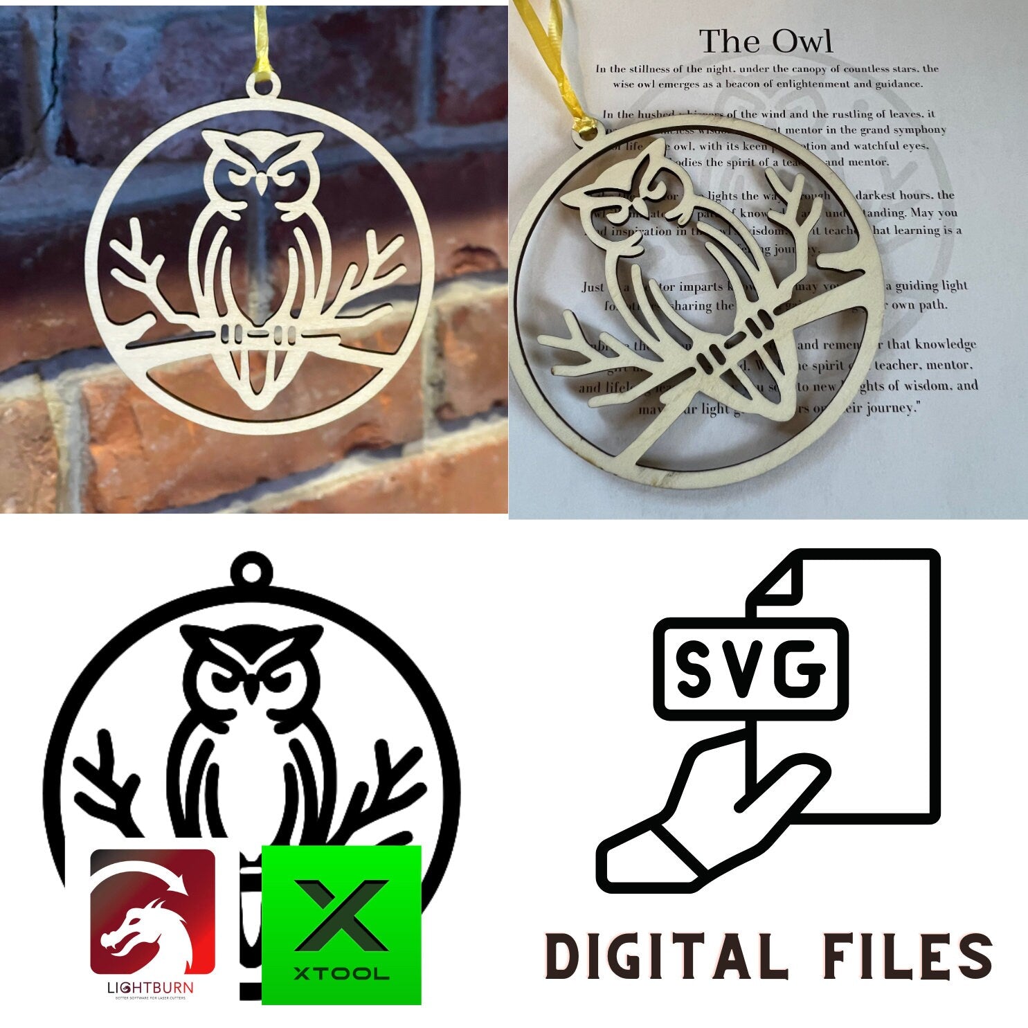 The Digital Owl Ornament and Inspirational Card Template by Wet Nose Woodworks features a wood owl with yellow ribbon on a poem titled The Owl—an ideal inspirational gift for teachers or mentors. Includes SVG/PDF laser cut files, xTool compatible.
