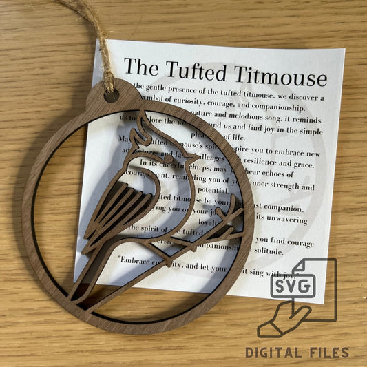 The Digital Tufted Titmouse Ornament & Inspirational Card Files by Wet Nose Woodworks include PDF, SVG, and laser cut templates—perfect for DIY crafts, gifts, or pairing with Bird Love Symbol cards. Suitable for xTool and other laser cutters.