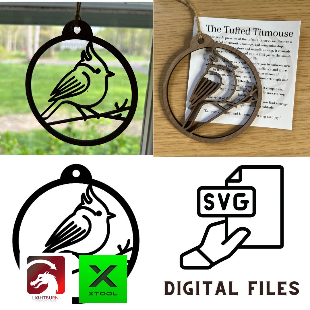 The Digital Tufted Titmouse Ornament & Inspirational Card Files by Wet Nose Woodworks include PDF, SVG, and laser cut templates—perfect for DIY crafts, gifts, or pairing with Bird Love Symbol cards. Suitable for xTool and other laser cutters.