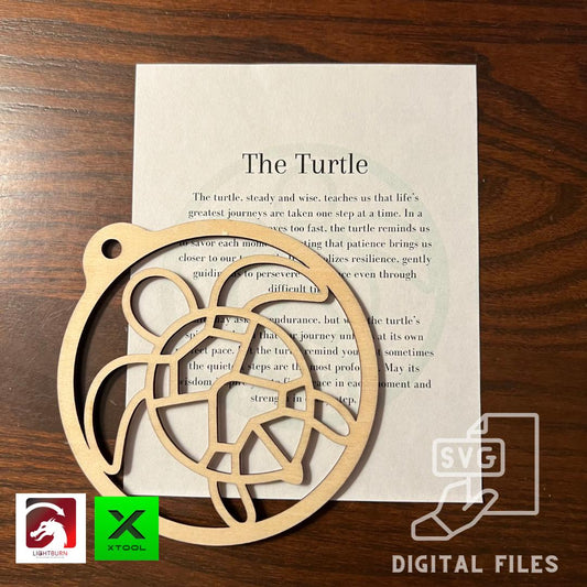 The Digital Turtle Ornament & Inspirational Card Files by Wet Nose Woodworks rest on wood, with PDF, SVG, LightBurn, and XCS icons visible—ideal for DIY crafting or laser cutting with xTool or Glowforge.