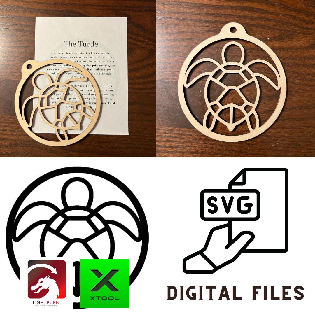 The Digital Turtle Ornament & Inspirational Card Files by Wet Nose Woodworks rest on wood, with PDF, SVG, LightBurn, and XCS icons visible—ideal for DIY crafting or laser cutting with xTool or Glowforge.