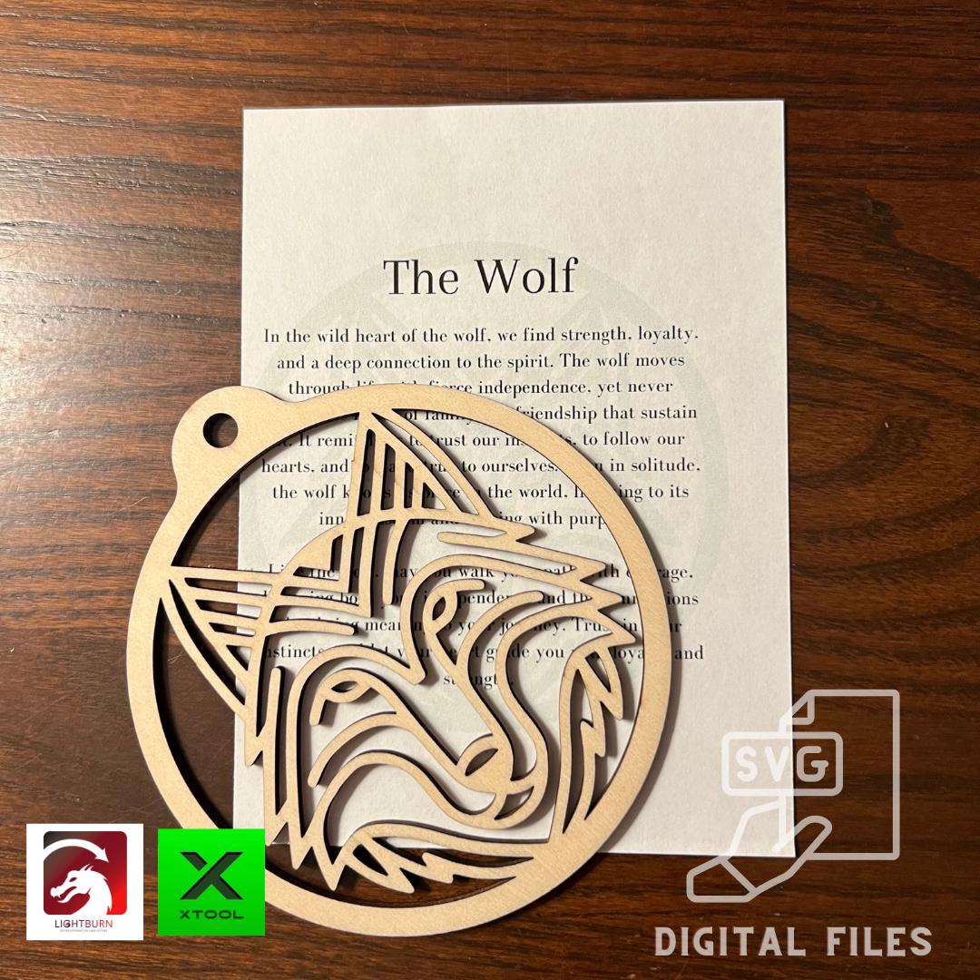 Wet Nose Woodworks’ Digital Wolf Ornament & Inspirational Card Files include PDF, SVG, Lightburn, and XCS templates for laser cutting. Perfect for Glowforge or xTool crafts; ideal as a car charm or gift. Icons show file compatibility.