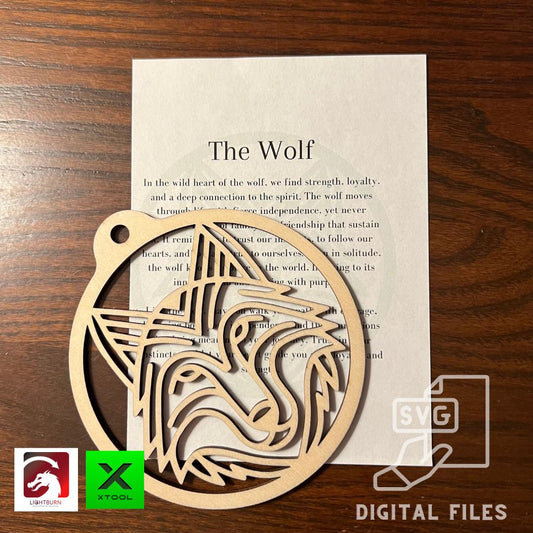 Wet Nose Woodworks’ Digital Wolf Ornament & Inspirational Card Files include PDF, SVG, Lightburn, and XCS templates for laser cutting. Perfect for Glowforge or xTool crafts; ideal as a car charm or gift. Icons show file compatibility.