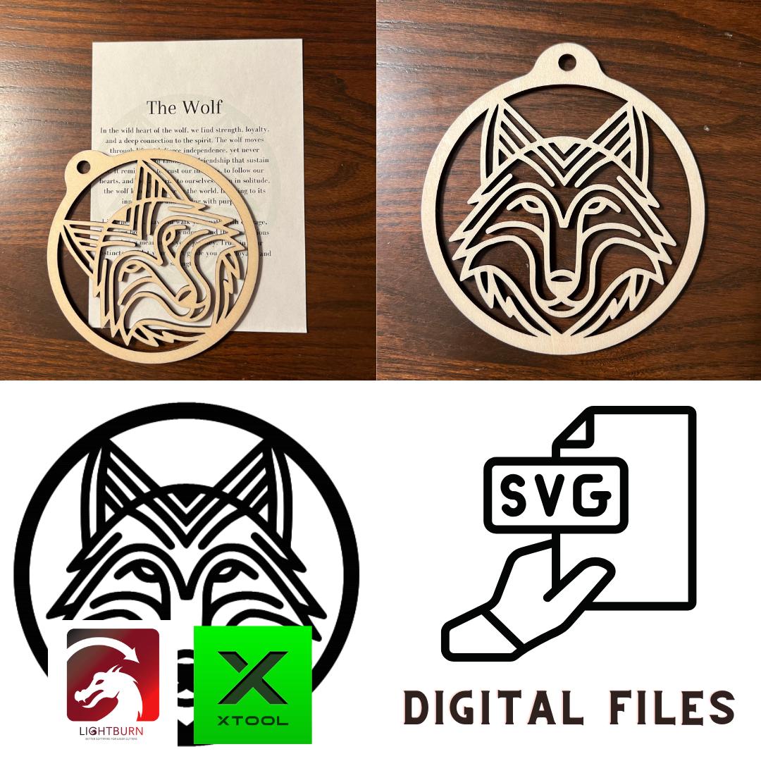 Wet Nose Woodworks’ Digital Wolf Ornament & Inspirational Card Files include PDF, SVG, Lightburn, and XCS templates for laser cutting. Perfect for Glowforge or xTool crafts; ideal as a car charm or gift. Icons show file compatibility.