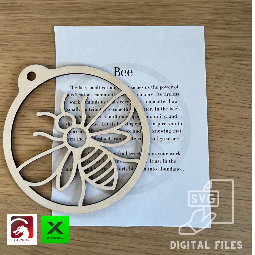 A Digital cute honey Bee Silhouette Ornament by Wet Nose Woodworks, paired with an inspirational card, sits atop a Bee poem. LightBurn, xTool, and download icons indicate PDF/SVG laser cut files included for DIY crafts.