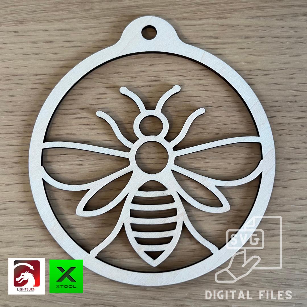 A Digital cute honey Bee Silhouette Ornament by Wet Nose Woodworks, paired with an inspirational card, sits atop a Bee poem. LightBurn, xTool, and download icons indicate PDF/SVG laser cut files included for DIY crafts.