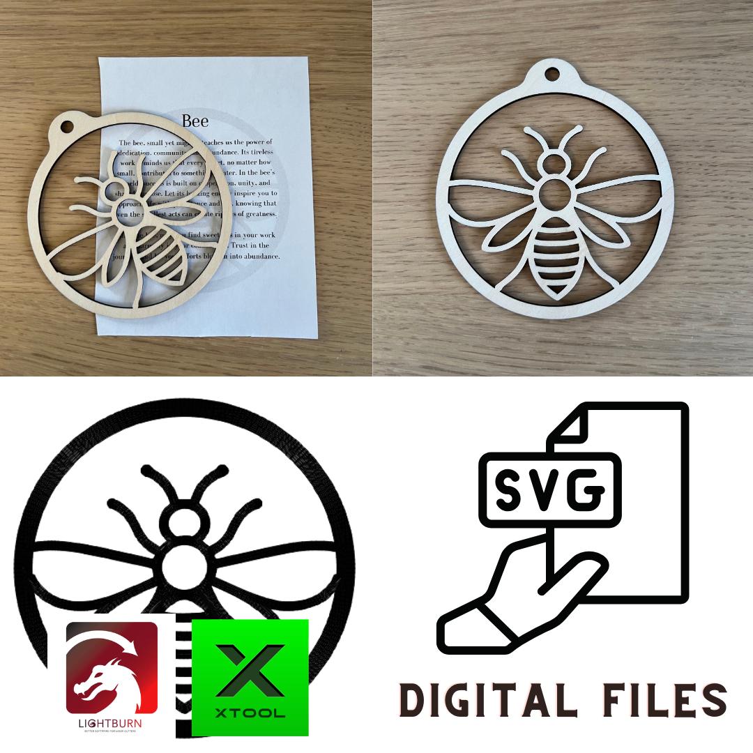 A Digital cute honey Bee Silhouette Ornament by Wet Nose Woodworks, paired with an inspirational card, sits atop a Bee poem. LightBurn, xTool, and download icons indicate PDF/SVG laser cut files included for DIY crafts.
