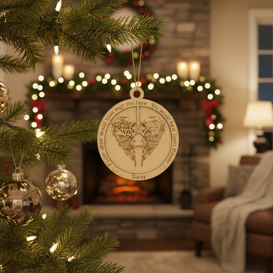 Memorial pendant with paw print and heart design on a wooden surface