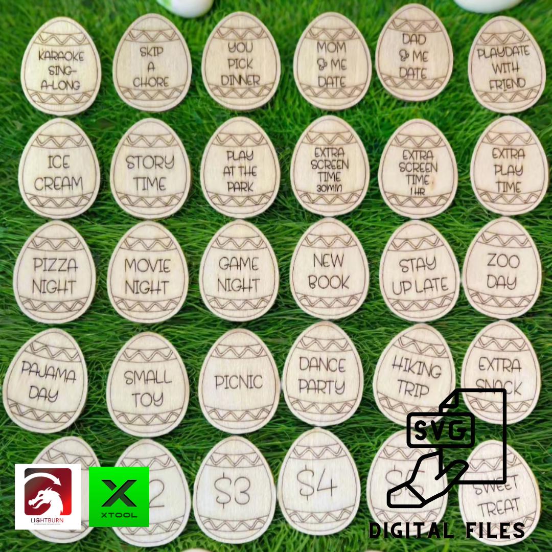 Wet Nose Woodworks Easter Egg Reward Tokens SVG—digital files for XTool, LightBurn, Glowforge & Omtech—feature engraved activity ideas like Picnic & Zoo Day. Perfect for kids’ Easter hunts; logos in corner. Instant download.