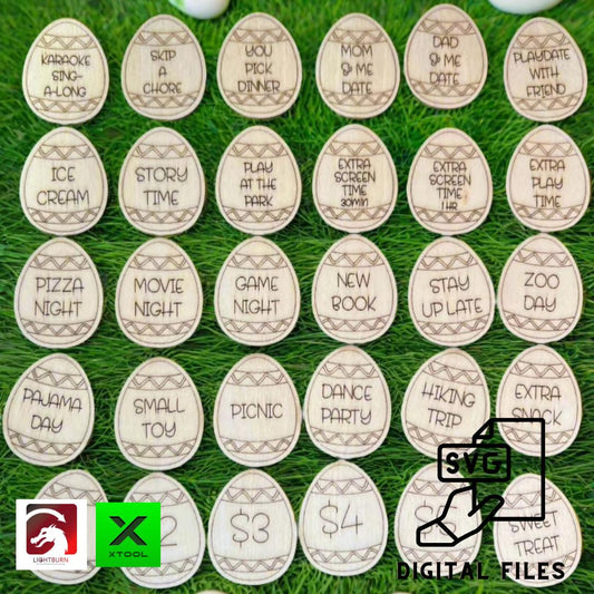 Wet Nose Woodworks Easter Egg Reward Tokens SVG—digital files for XTool, LightBurn, Glowforge & Omtech—feature engraved activity ideas like Picnic & Zoo Day. Perfect for kids’ Easter hunts; logos in corner. Instant download.