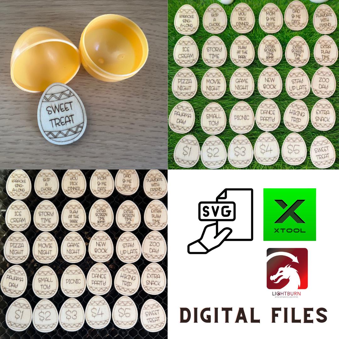 Wet Nose Woodworks Easter Egg Reward Tokens SVG—digital files for XTool, LightBurn, Glowforge & Omtech—feature engraved activity ideas like Picnic & Zoo Day. Perfect for kids’ Easter hunts; logos in corner. Instant download.