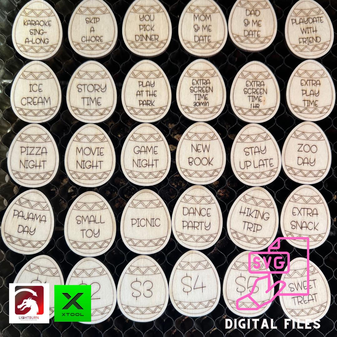 Wet Nose Woodworks Easter Egg Reward Tokens SVG—digital files for XTool, LightBurn, Glowforge & Omtech—feature engraved activity ideas like Picnic & Zoo Day. Perfect for kids’ Easter hunts; logos in corner. Instant download.