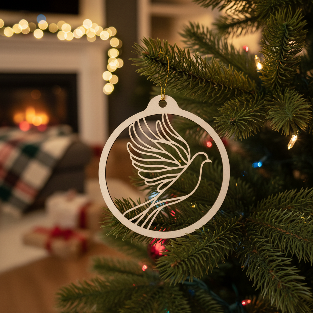 Wooden ornament with a dove design on a wooden surface