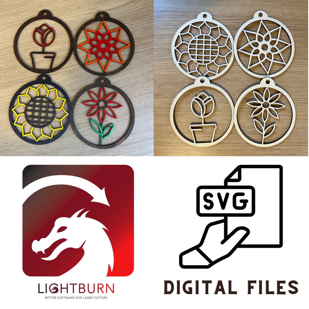 The Floral SVG Bundle by Wet Nose Woodworks features laser-ready Sunflower, Tulip, Daisy & Swirl designs—ideal for unique spring decor or showcasing floral art with xTool, LightBurn, or Glowforge digital downloads.