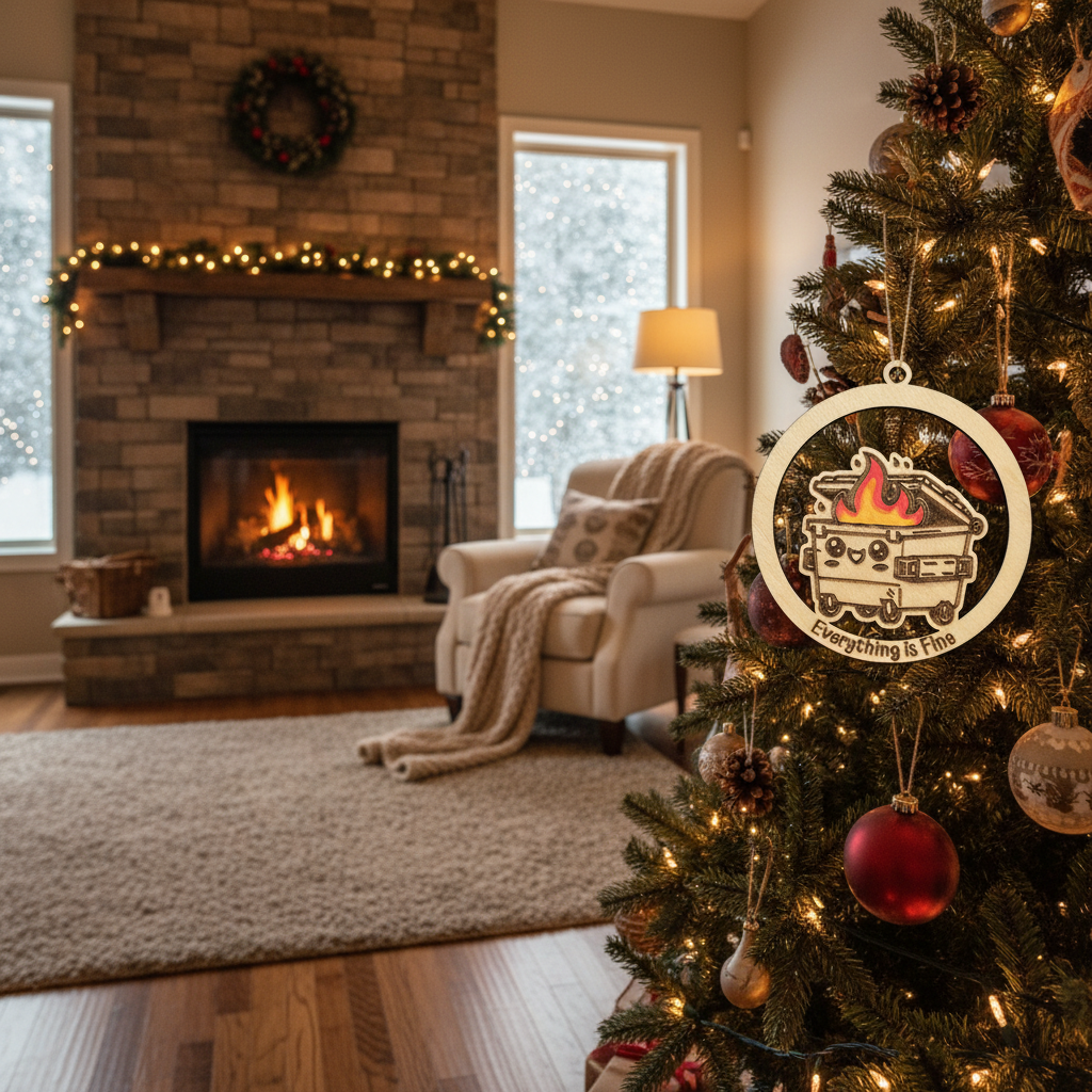 Living room with a Christmas tree, fireplace, and armchair.