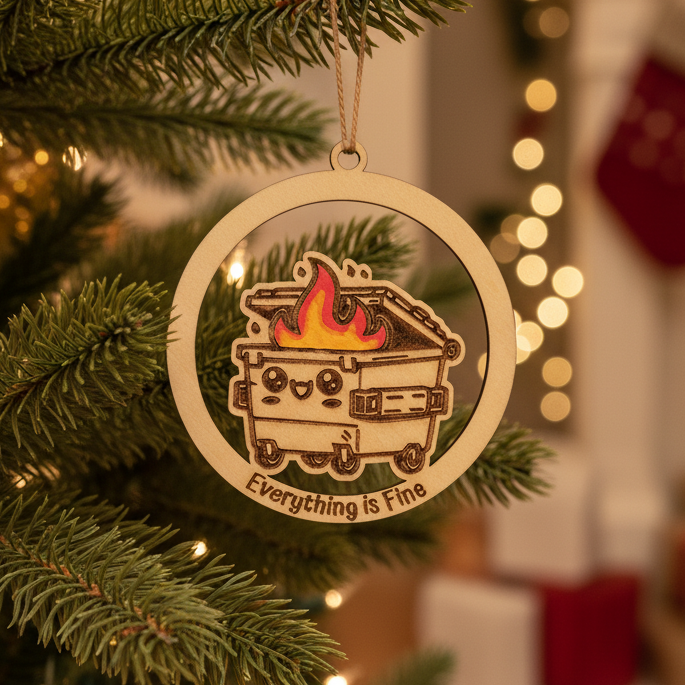 Wooden ornament with a dumpster fire design and 'Everything is Fine' text on a wooden background