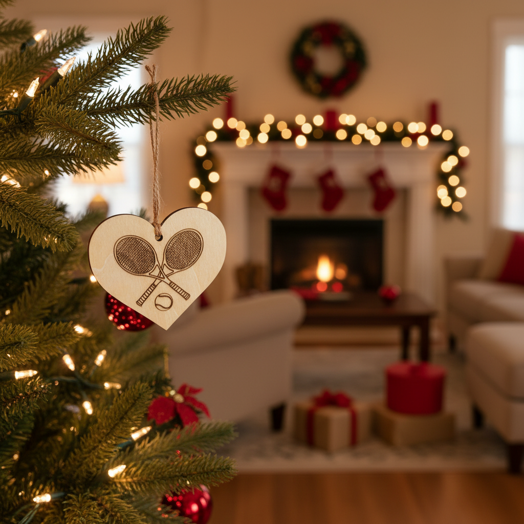 Heart-shaped ornament with tennis rackets on a decorated Christmas tree in a living room.
