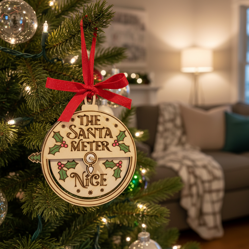 Decorative Christmas ornament with 'The Santa Meter' and 'Nice' text, tied with a red ribbon against a brick wall background.
