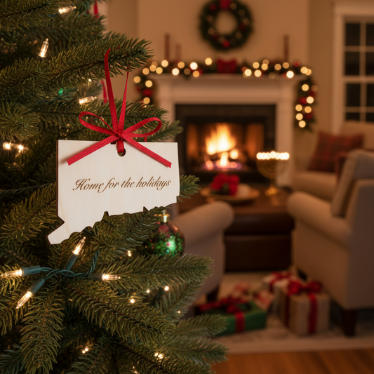 wooden ornament in the shape of the state of connecticut hanging on a christmas tree