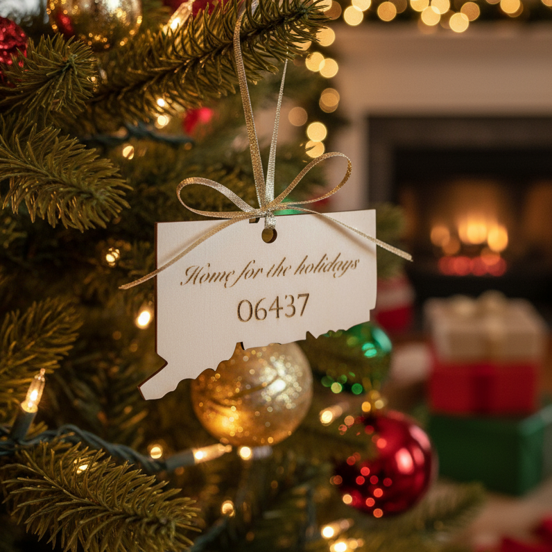 Christmas tree ornament with a tag reading 'Home for the holidays 06437' in a festive setting.