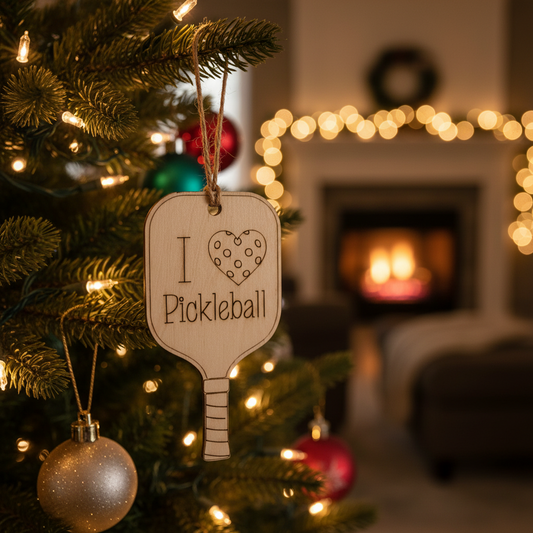 Decorative ornament on a Christmas tree with 'I ❤️ Pickleball' text, blurred fireplace in the background