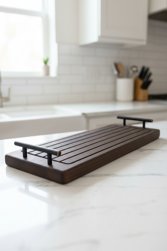 Wooden cutting board with black handles on a concrete surface