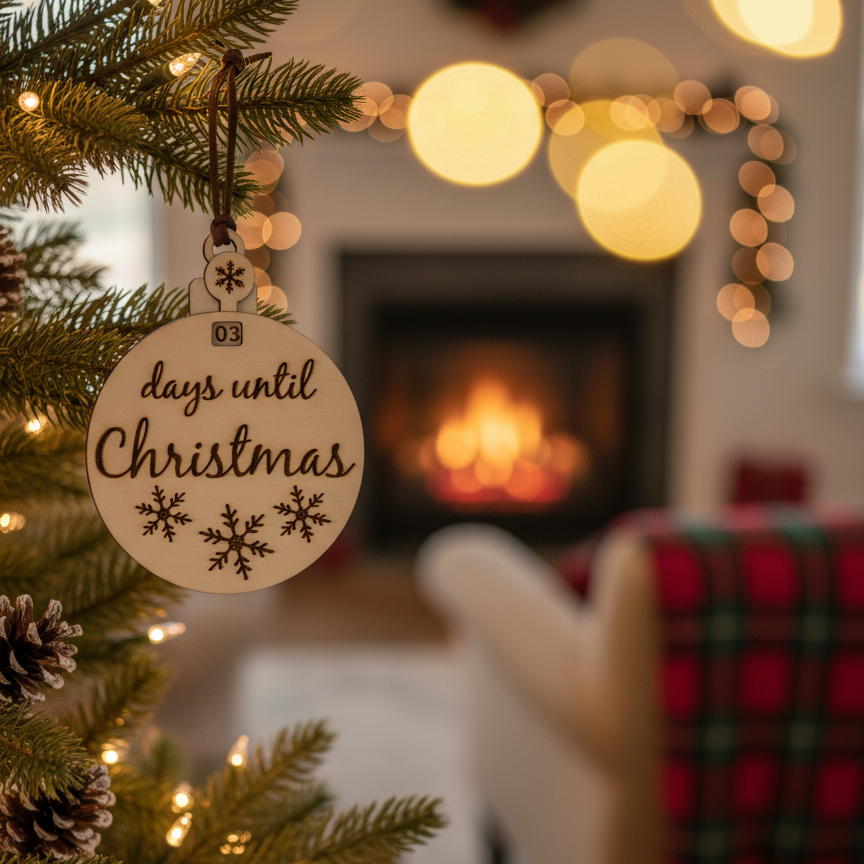 Christmas ornament with 'days until Christmas' text on a wooden surface