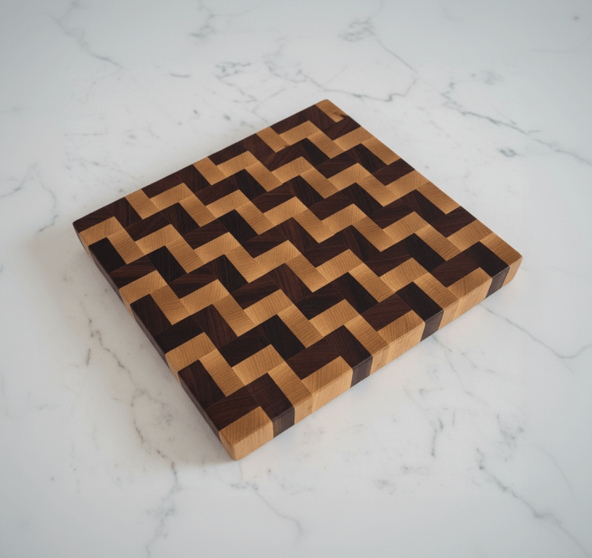 Wooden cutting board with a zigzag pattern on a marble surface