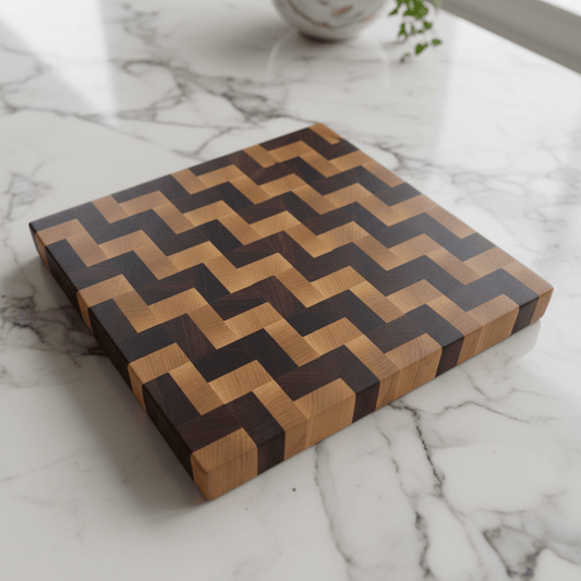 Wooden cutting board with a zigzag pattern on a white background