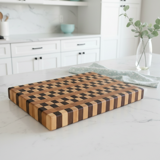 Wooden cutting board with checkered pattern on a kitchen counter