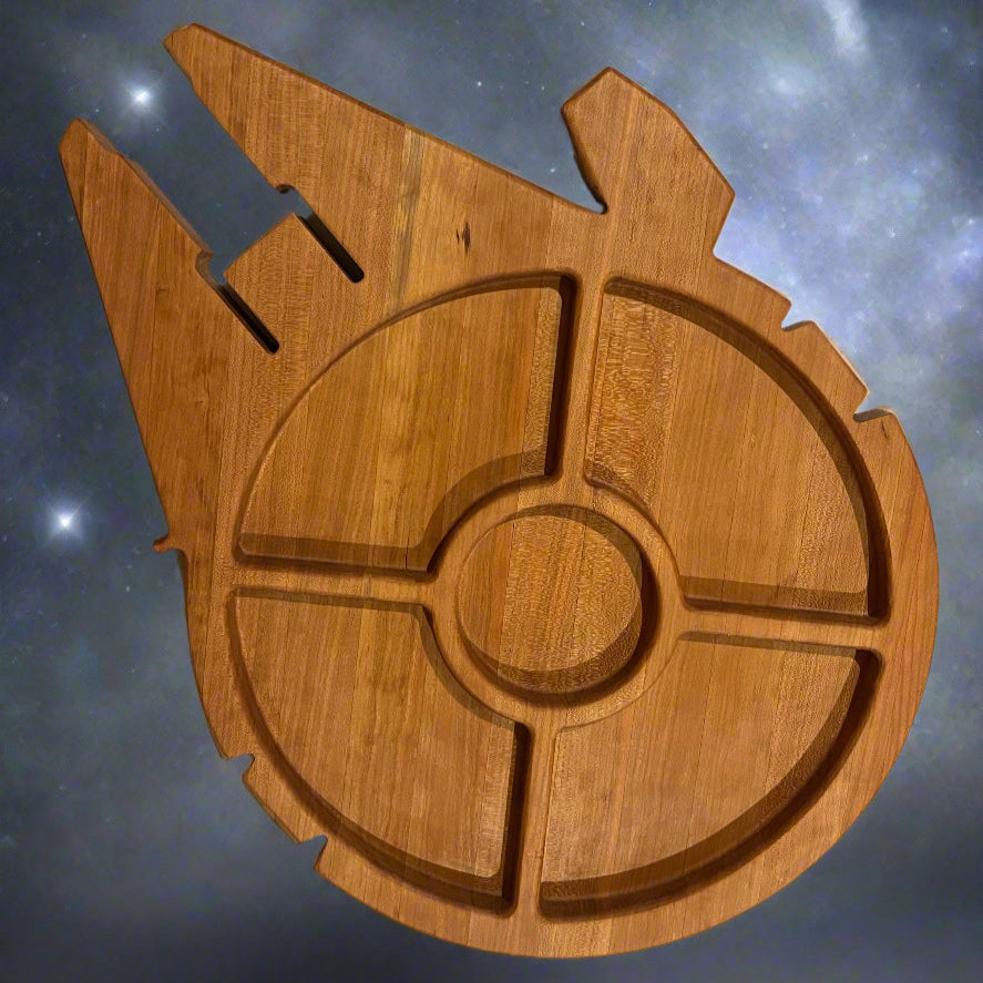 Wooden cutting board with geometric design on a starry night background