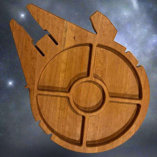 Wooden cutting board with geometric design on a starry night background