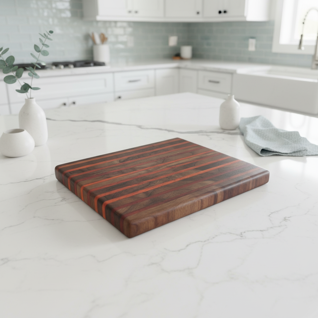 Wooden cutting board with striped pattern on a textured surface