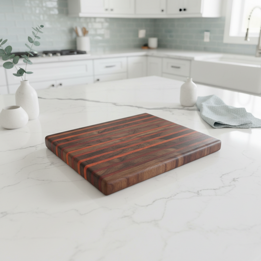 Wooden cutting board with striped pattern on a textured surface