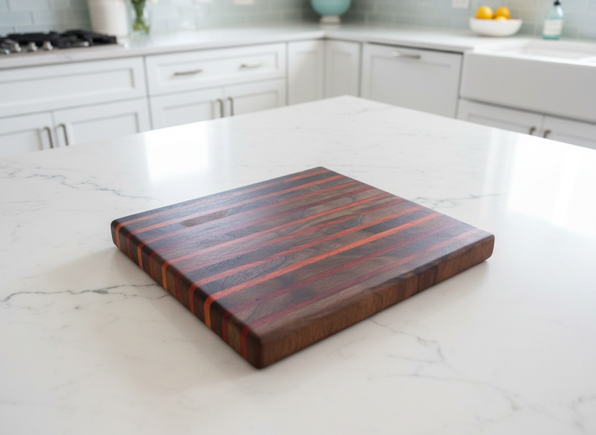 Wooden cutting board on a marble kitchen counter