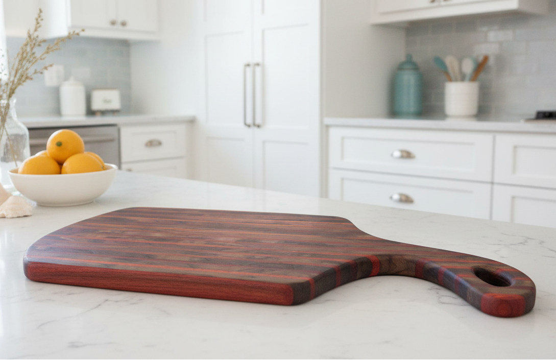 Wooden cutting board on a kitchen counter with a bowl of oranges in the background.