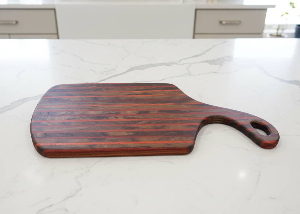 Wooden cutting board on a marble countertop