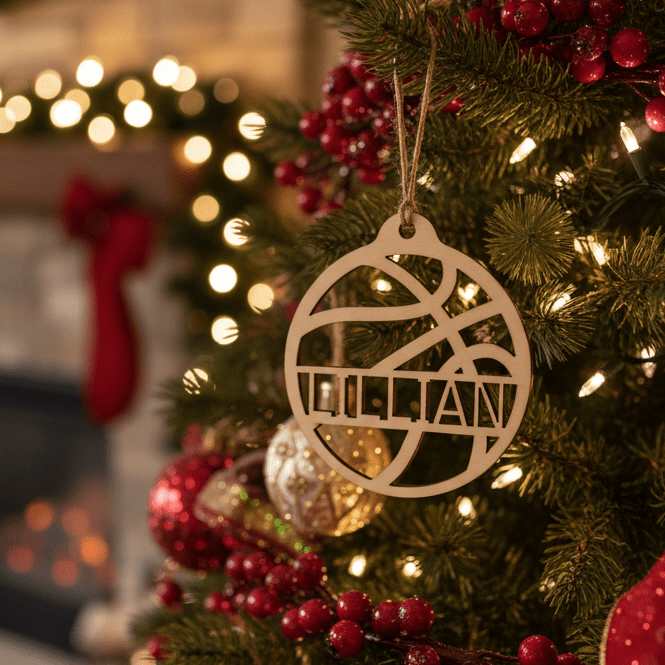 Decorated Christmas tree with ornaments and lights, fireplace in the background