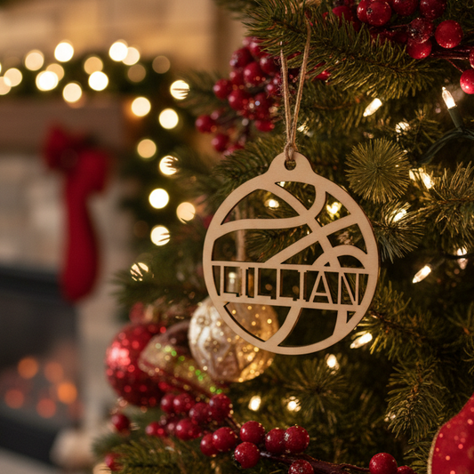 Decorated Christmas tree with ornaments and lights, fireplace in the background