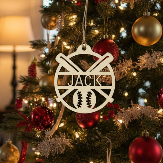 Wooden cutout of sports-themed design on a wooden surface