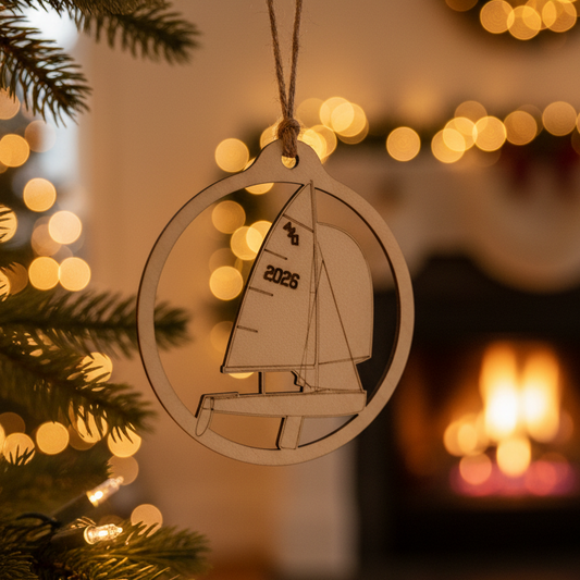 A laser-cut wooden ornament shaped like a sailboat inside a circular frame, hanging from a twine string against a warm wood-grain background. The sail features the text '2026'.