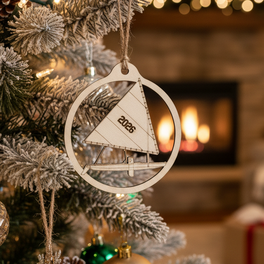 A wooden ornament shaped like a sailboat inside a circular frame, with a hanging twine string and the year '2026' printed on the sail, shown on a warm brown wood surface.