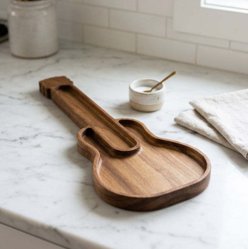 Handmade white oak acoustic guitar shaped charcuterie and cheese board on a textured towel