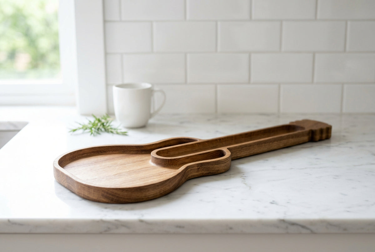 Guitar shaped white oak cheese board with carved headstock on a marble counter next to a white mug