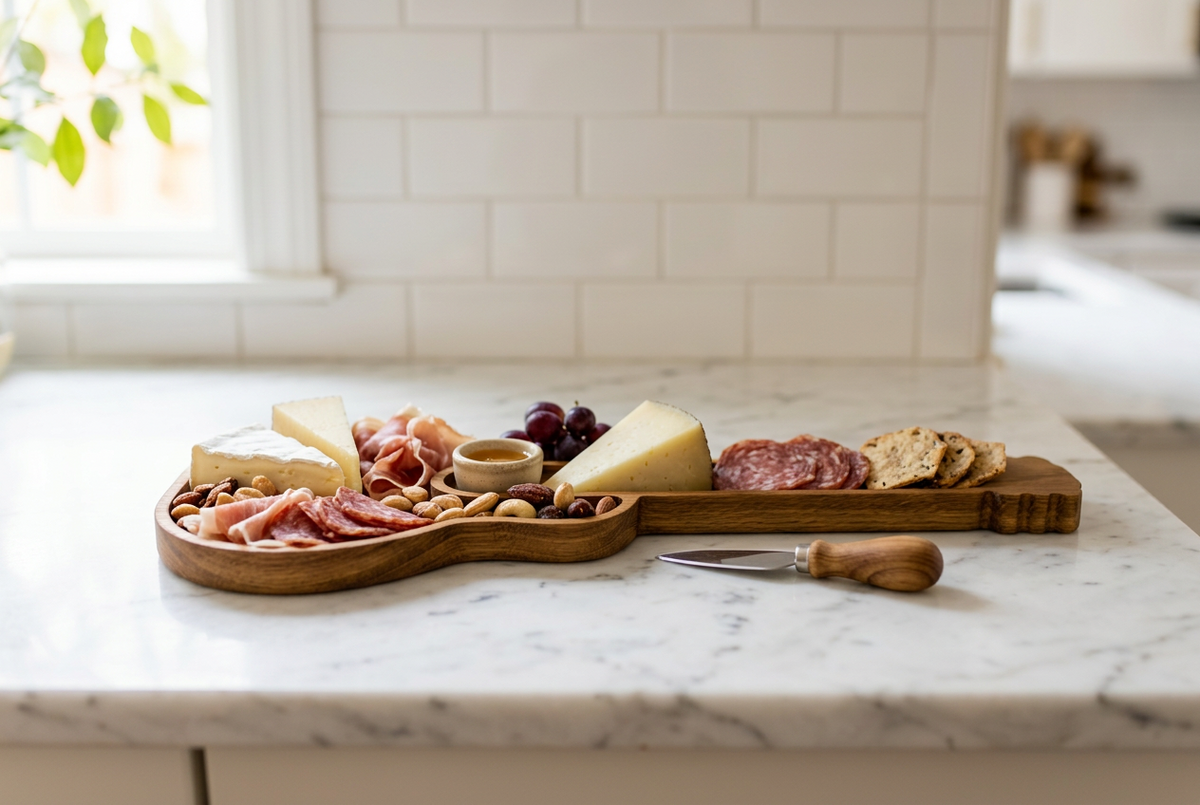 Guitar shaped wooden charcuterie board styled with cheese, cured meats, nuts, grapes, and crackers