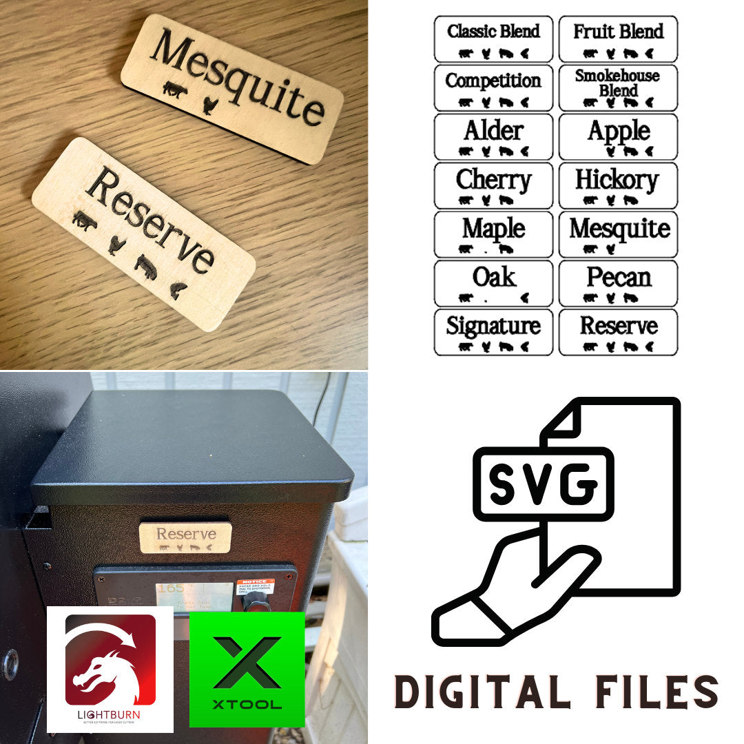 A collage displays Wet Nose Woodworks Laser Cut File: Smoker Grill Wood Pellet Label Magnets—Mesquite and Reserve—plus black-and-white SVG design templates, a Reserve label on a grill, and Lightburn/xTool file icons.