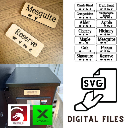 A collage displays Wet Nose Woodworks Laser Cut File: Smoker Grill Wood Pellet Label Magnets—Mesquite and Reserve—plus black-and-white SVG design templates, a Reserve label on a grill, and Lightburn/xTool file icons.