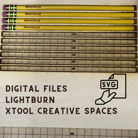 Five yellow pencils and engraved rulers sit on wood. Text: Laser Engraving Pencil Alignment Jig Digital File with LightBurn, SVG, xTool XCS—perfect for xTool or Glowforge by Wet Nose Woodworks. Back to School Supplies & Laser Engraving Jig SVG shown.