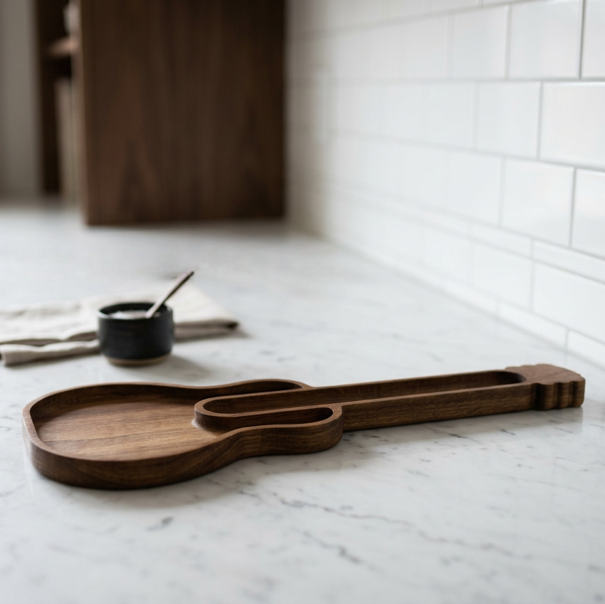 Guitar shaped white oak serving board with a recessed neck channel on a white marble kitchen counter